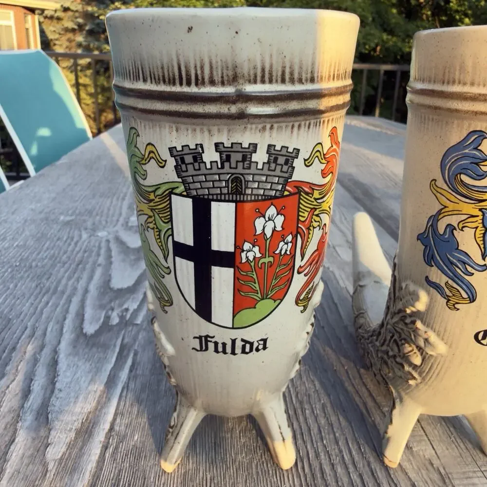 2 Vintage German Drinking Horn Set Fulda & Giessen Heraldic Crest Beer Goblets